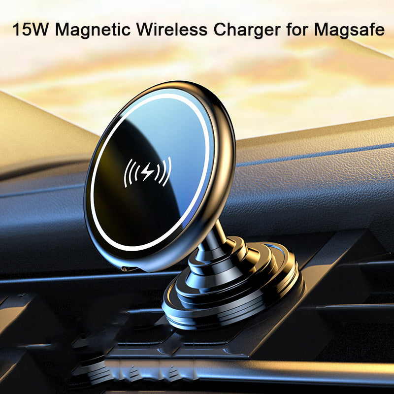15W Magnetic Wireless Charger for Magsafe on a car dashboard with sunset background