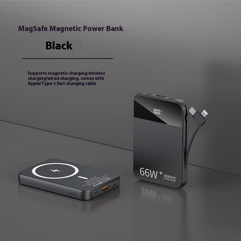 Black MagSafe magnetic power bank with charging cable on a dark background