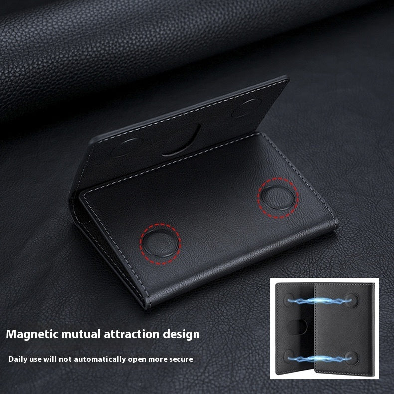 Black leather wallet with magnetic design on a dark textured background