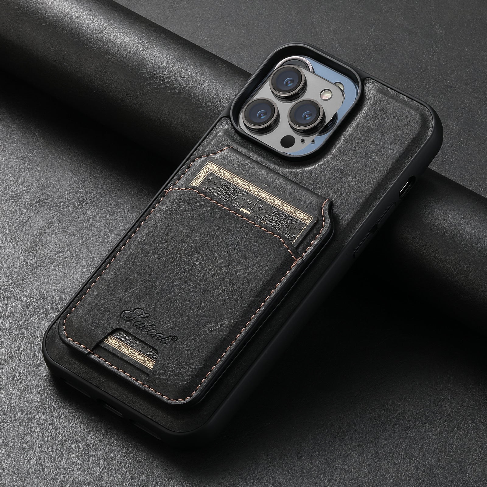 Black phone case with card holder on a dark surface