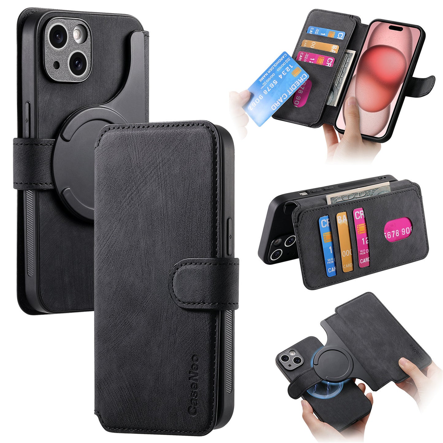 Black phone case with card slots and ring stand feature, shown from multiple angles.