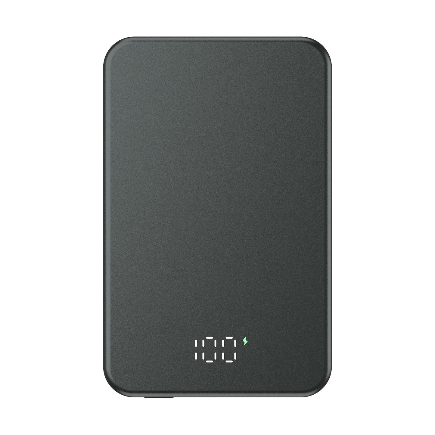 Black power bank with digital display on a white background