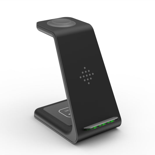 Black wireless charging stand on a white background