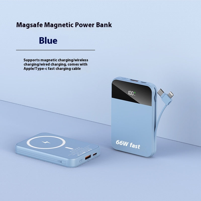 Blue Magsafe Magnetic Power Bank with charging cable on a light blue background