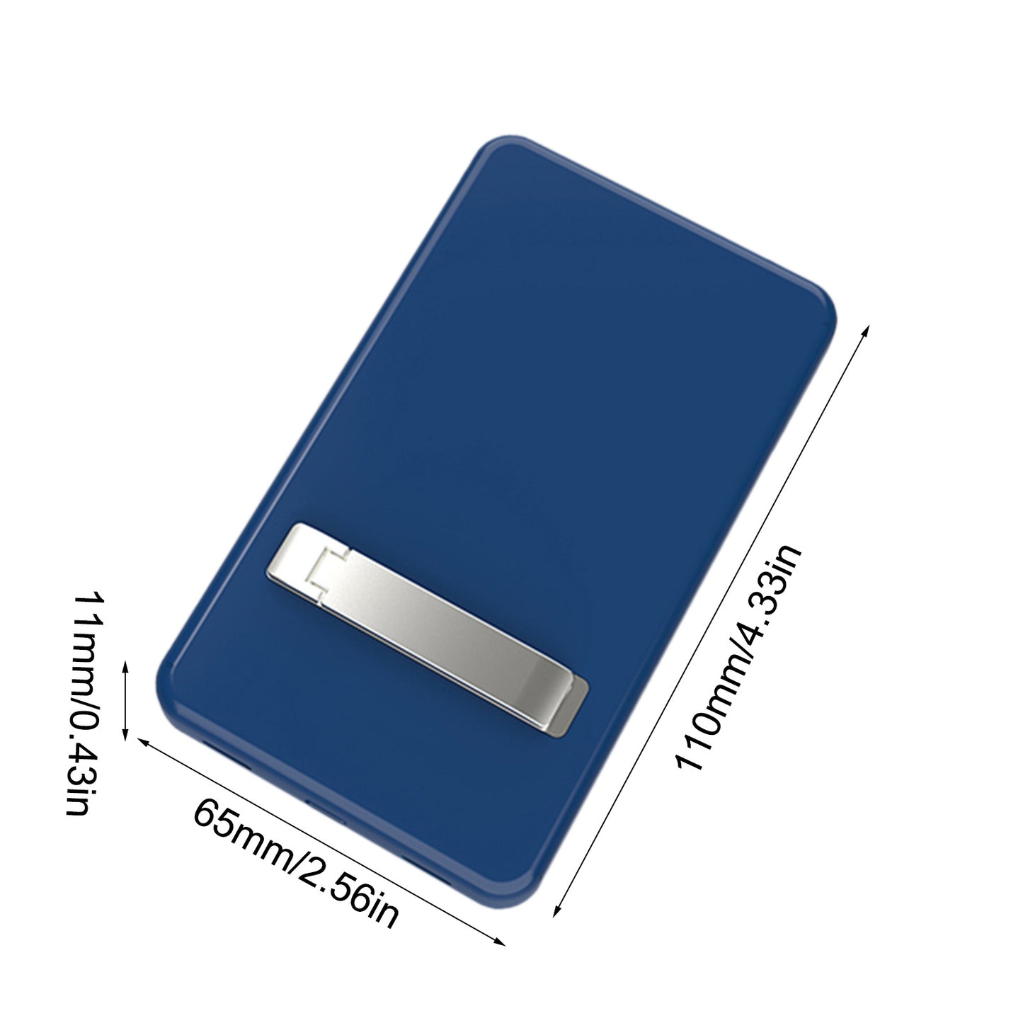 Blue cardholder with a silver clip and dimensions displayed
