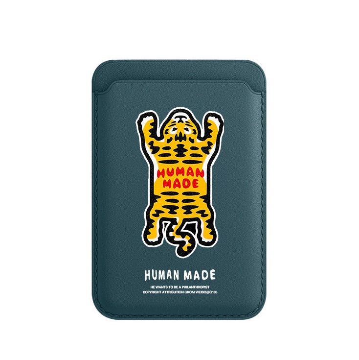 Blue cardholder with a yellow and black panther illustration and 'Human Made' branding on a white background.