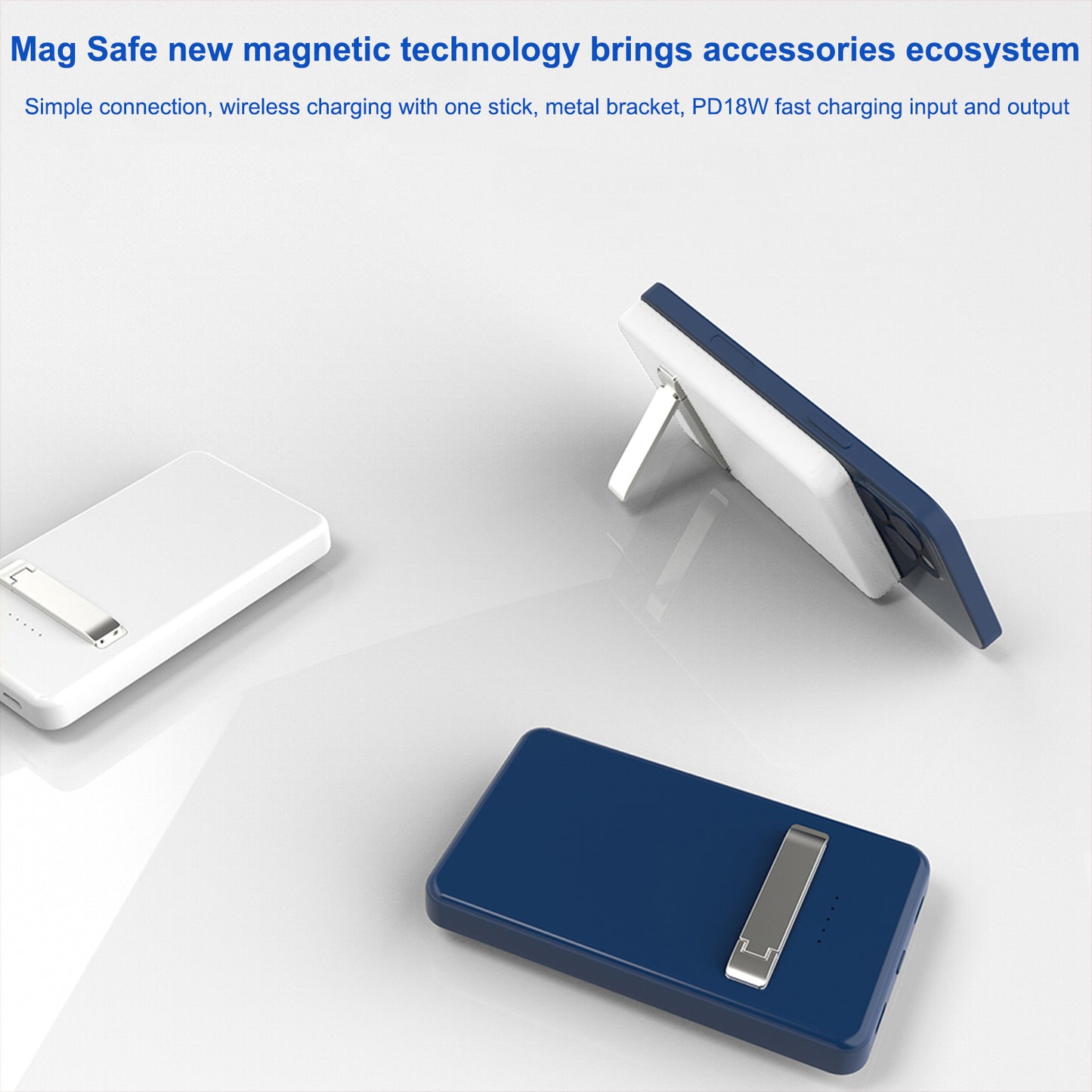 Blue magnetic charging device with metal bracket on a white background