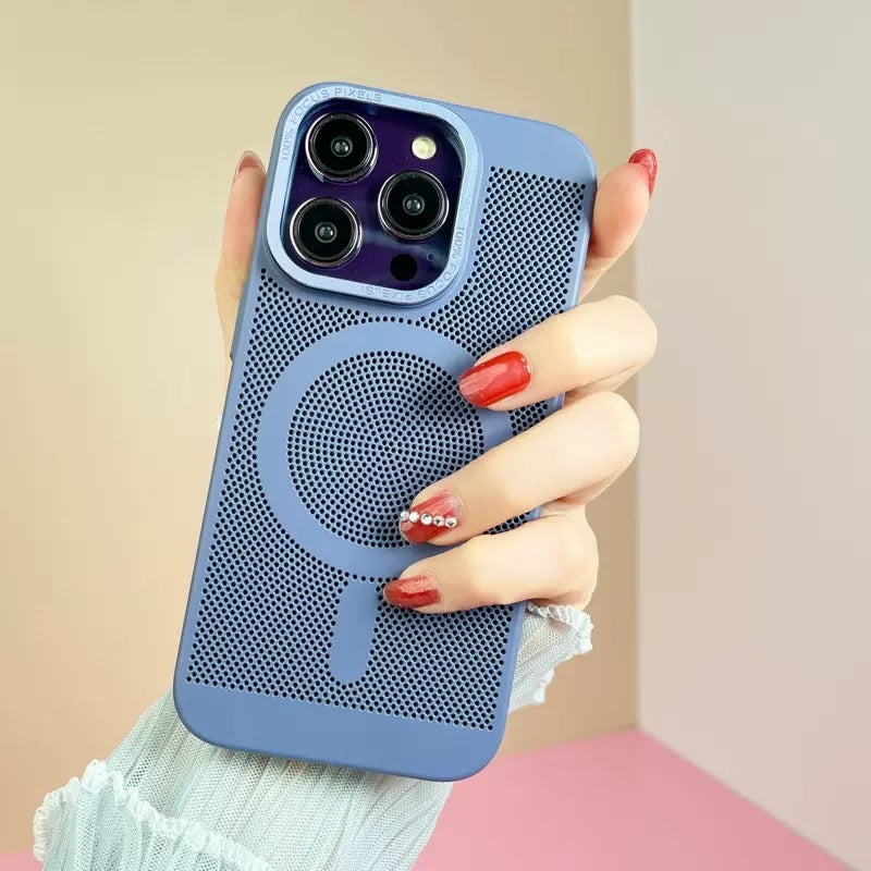 Blue phone case held by a hand with red nail polish against a beige background