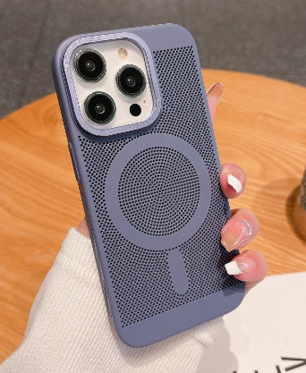 Blue phone case with a textured design held by a hand on a wooden surface.