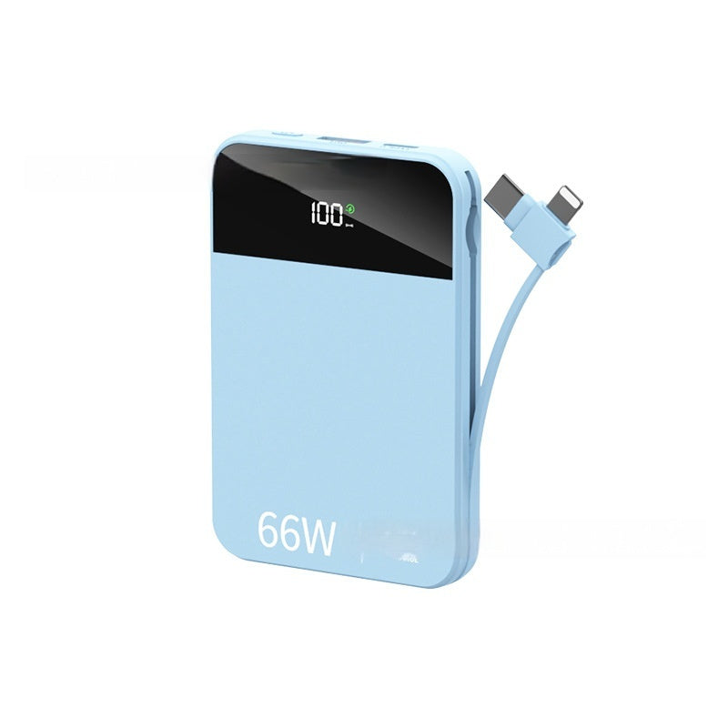 Blue power bank with digital display and USB-C cable on a white background