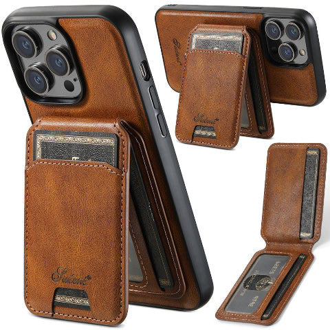 Brown leather phone case with card holder and brand logo on a white background