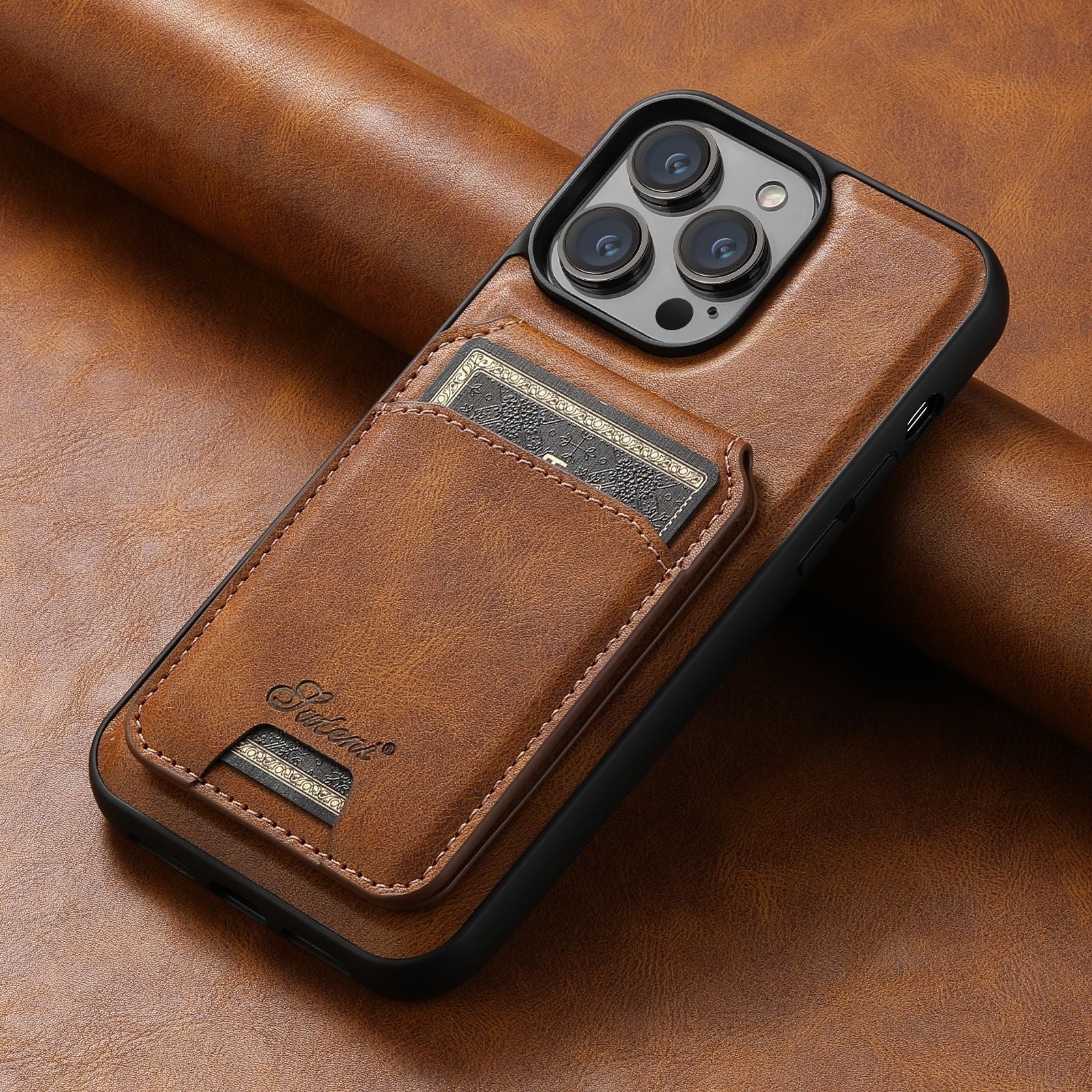 Brown leather phone case with card holder on a brown background