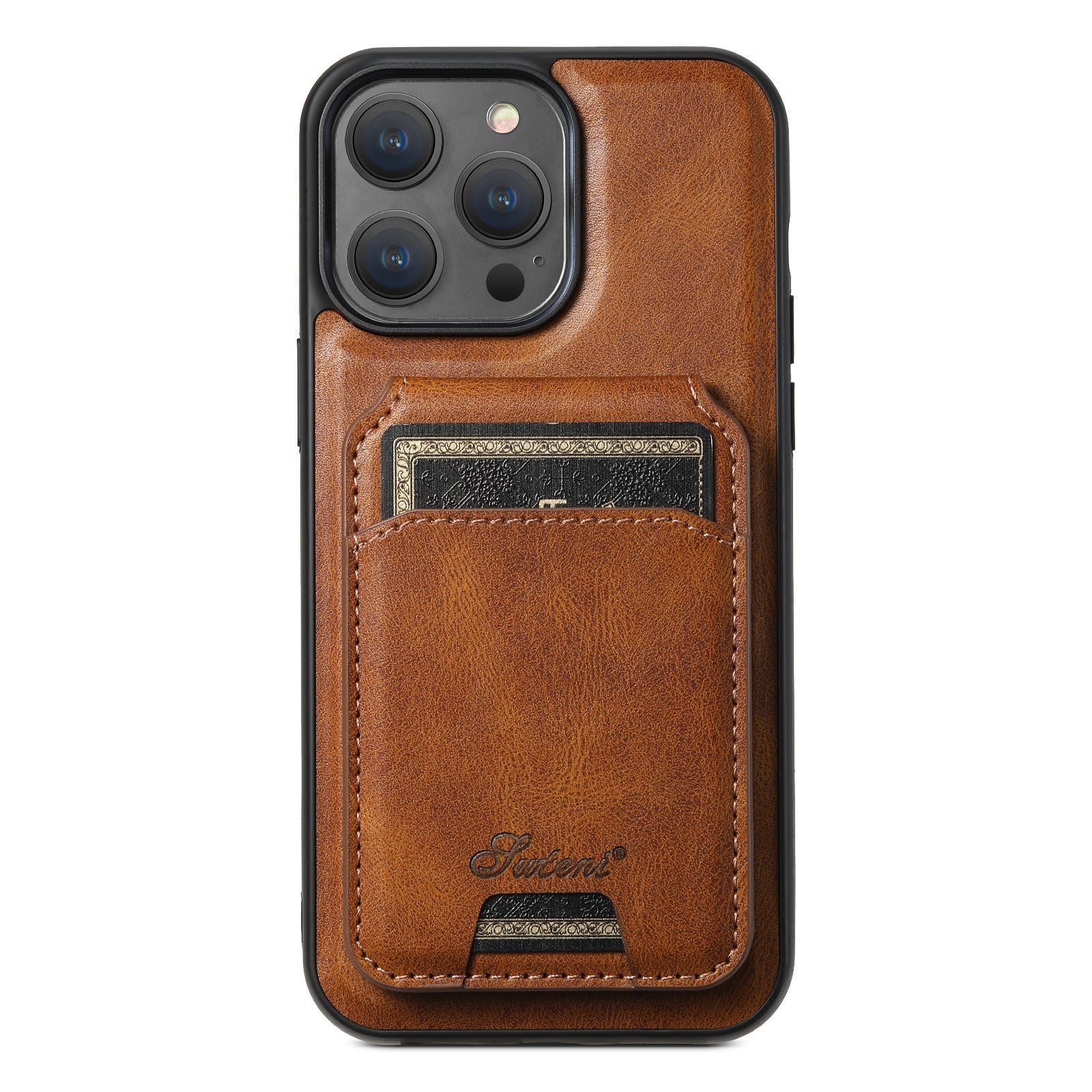 Brown leather phone case with card holder on a white background