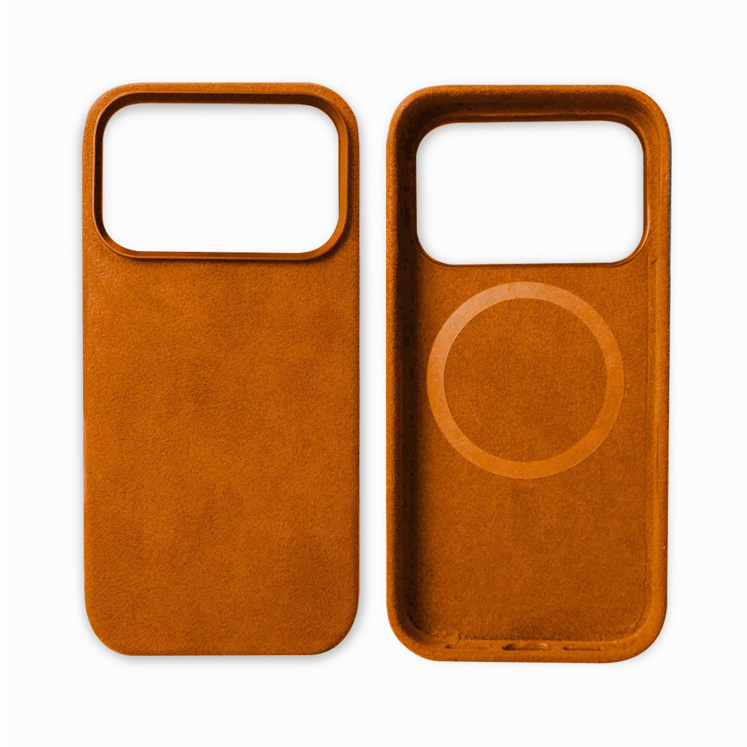 Brown phone case with a circular design on a white background