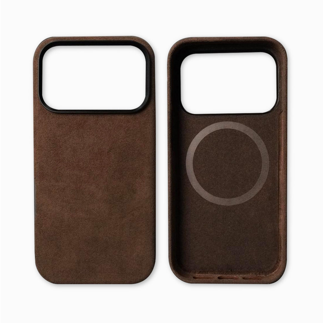 Brown phone case with magnetic design on a white background