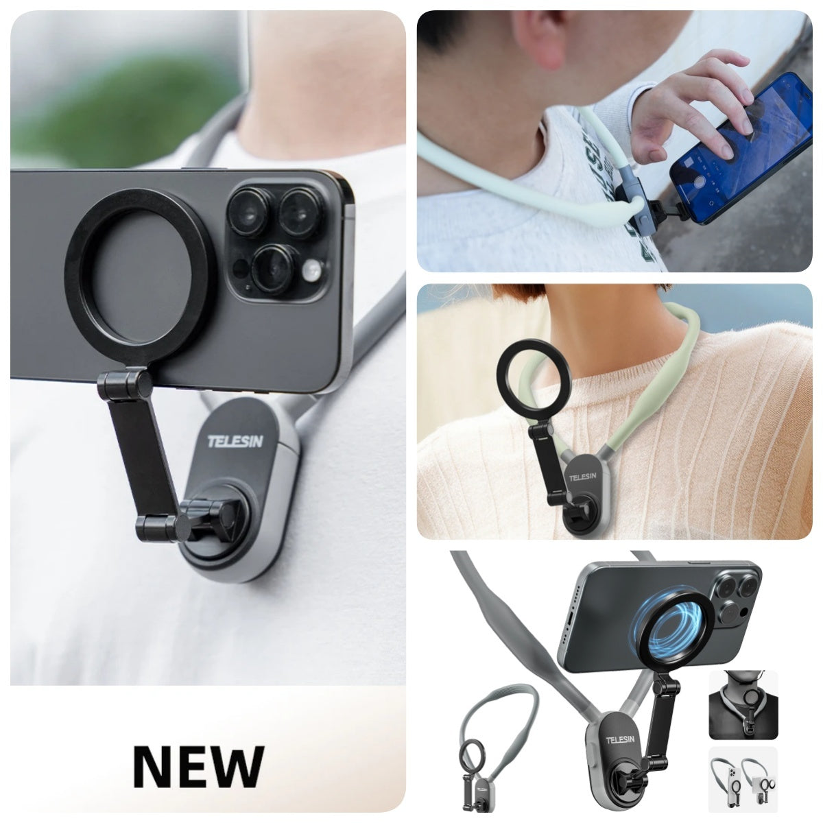 Collage of a phone holder with Telesin branding, showing its use on a neck strap.