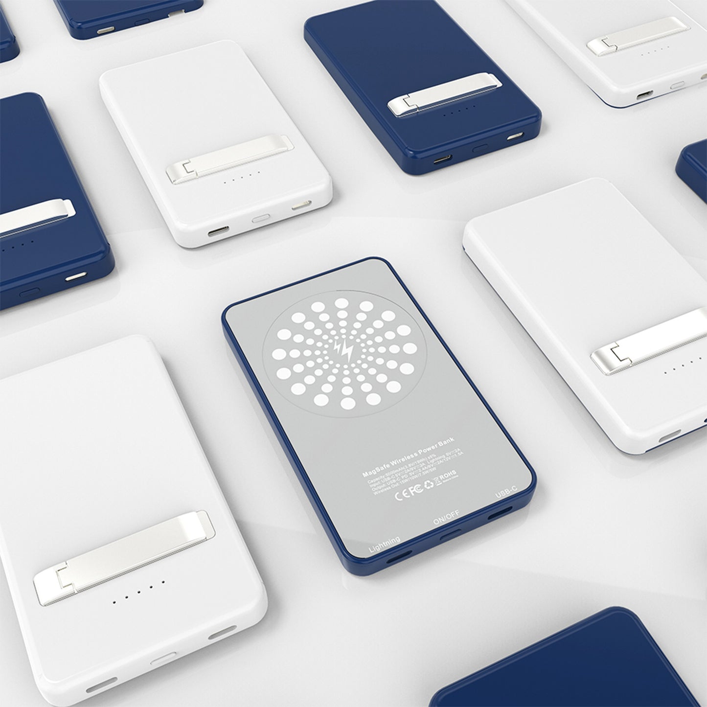Collection of blue and white portable chargers on a light gray background