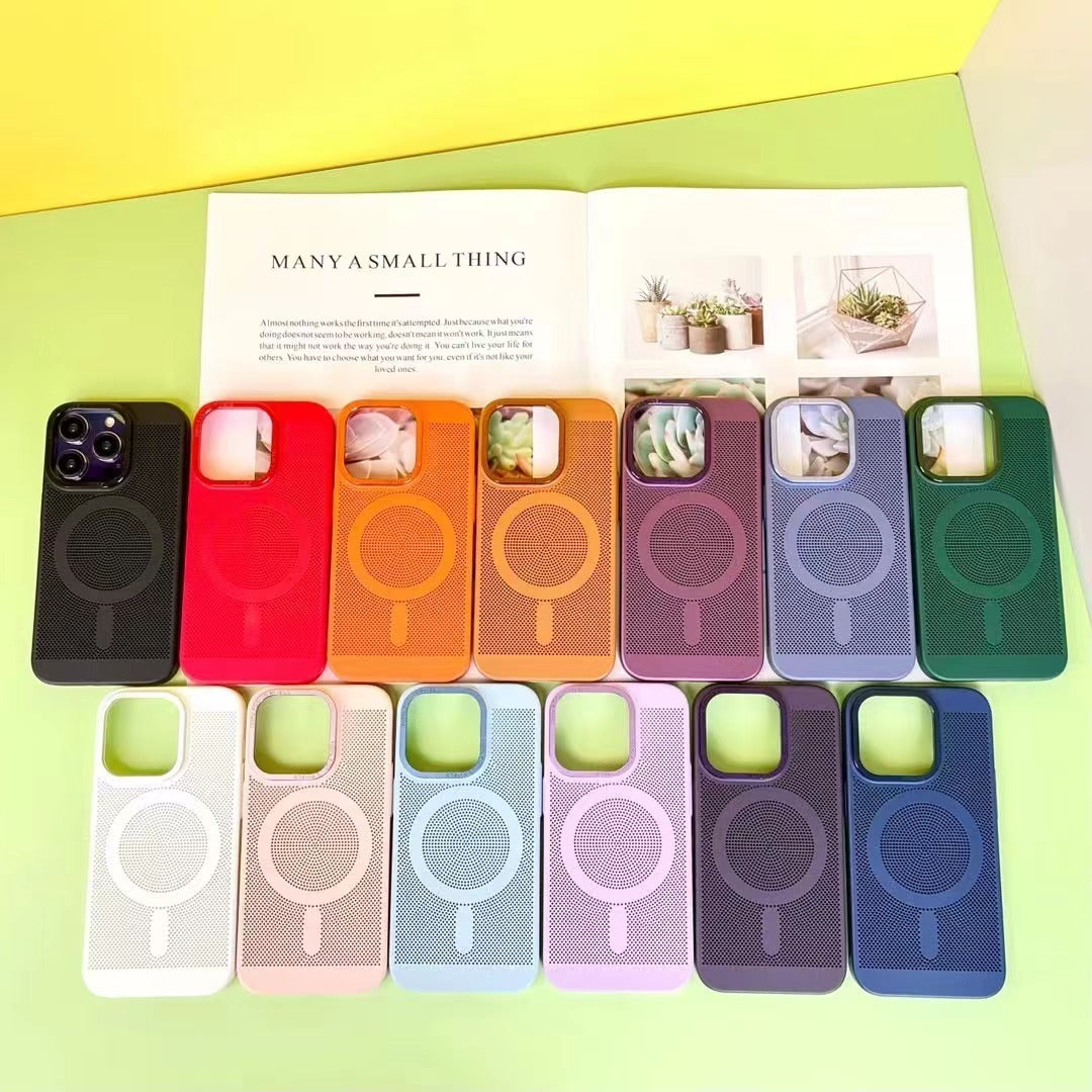 Colorful phone case set with magnifying glass design on a yellow background