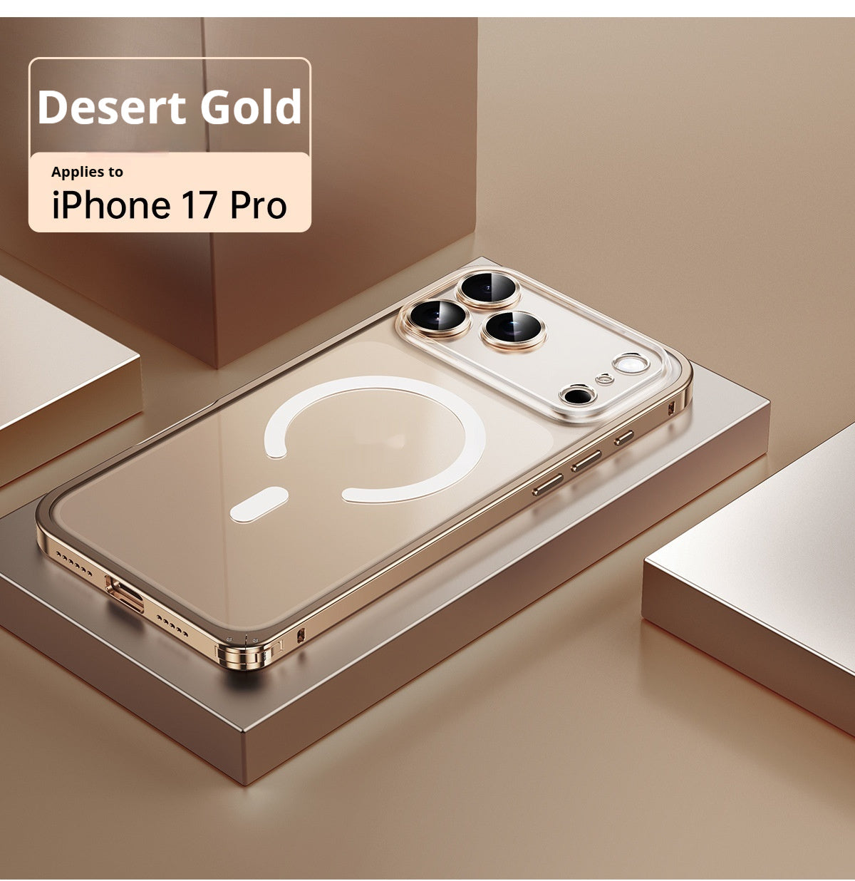 Desert Gold iPhone 17 Pro case on a beige surface with 'Desert Gold' text overlay.
