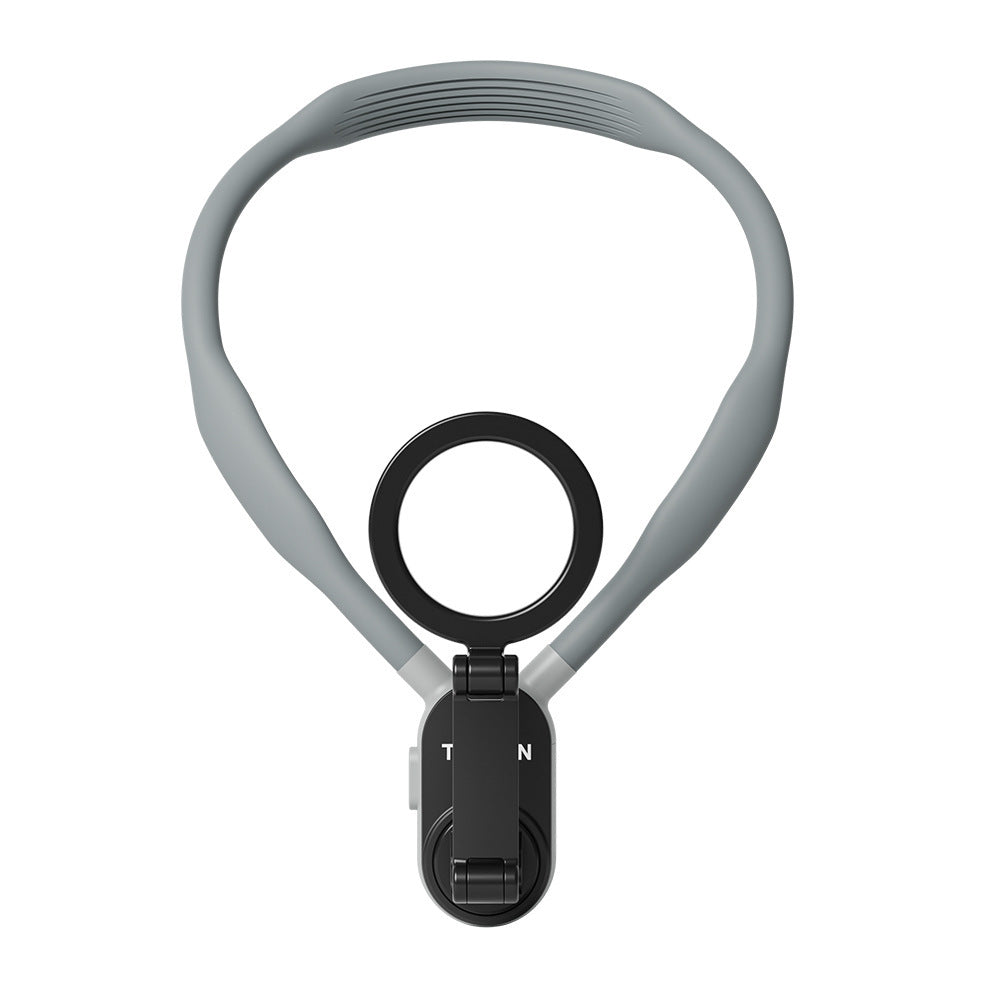 Gray phone leash with black clip on a white background