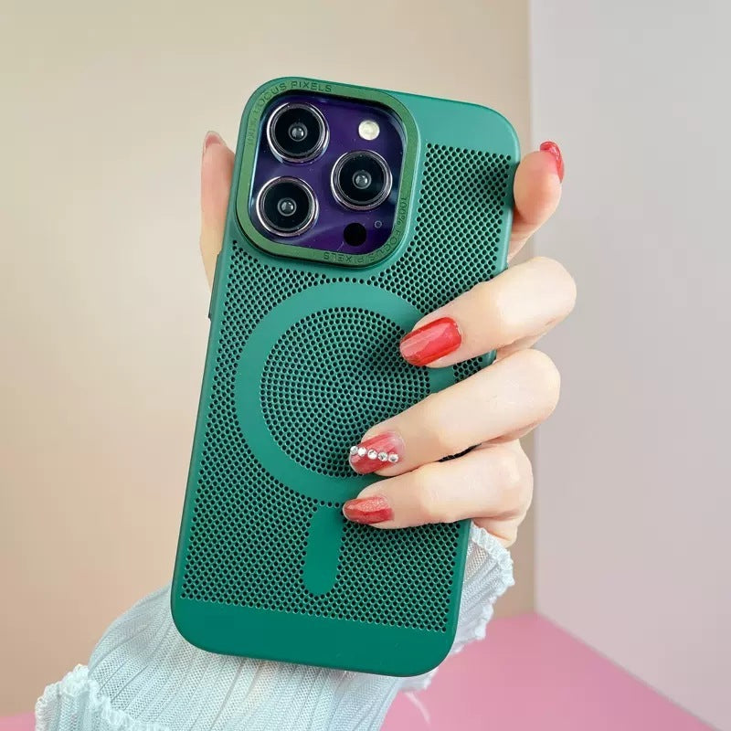 Green phone case held by a hand with red nail polish on a blurred background