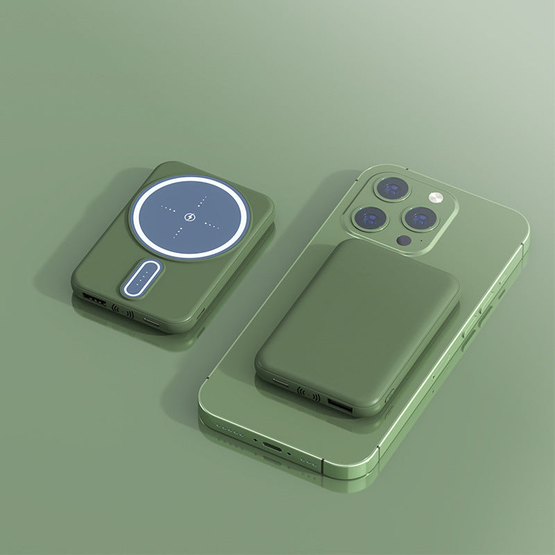 Green phone case with wireless charging pad on a green background