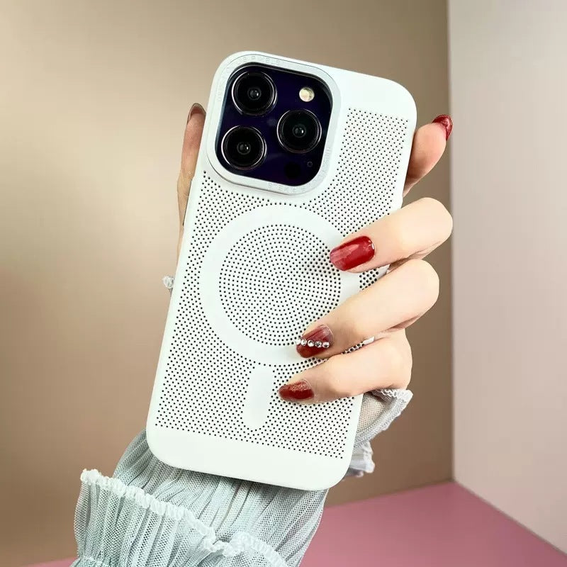 Hand holding a white phone case with a textured design against a beige background