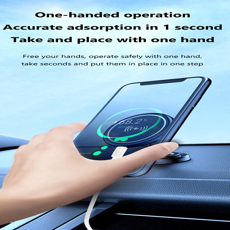 Hand using a phone with a wireless charging pad, text about one-handed operation and adsorption speed.