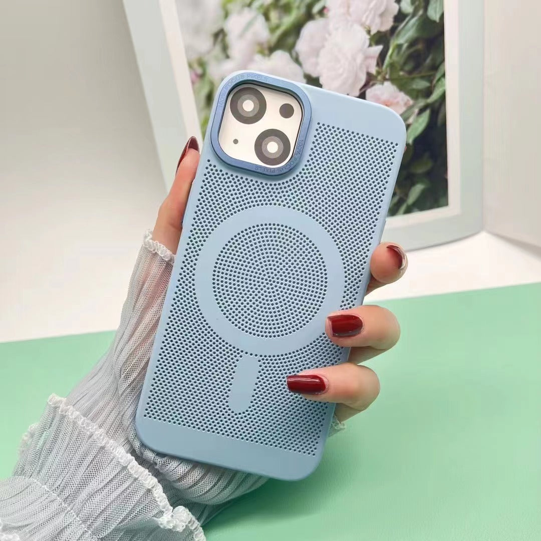 Light blue phone case held by a hand with red nail polish on a light green surface.