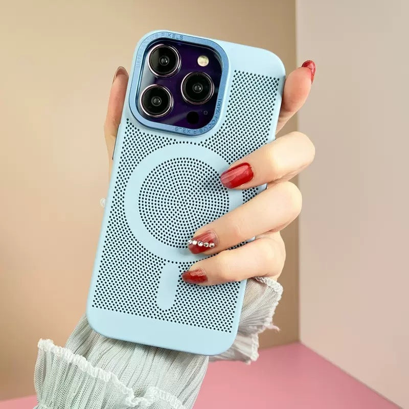 Light blue phone case with textured back held by a hand against a beige background