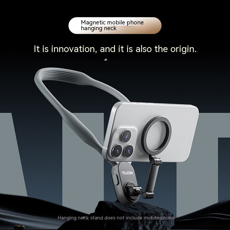 Magnetic phone hanging neck stand on a dark background with text