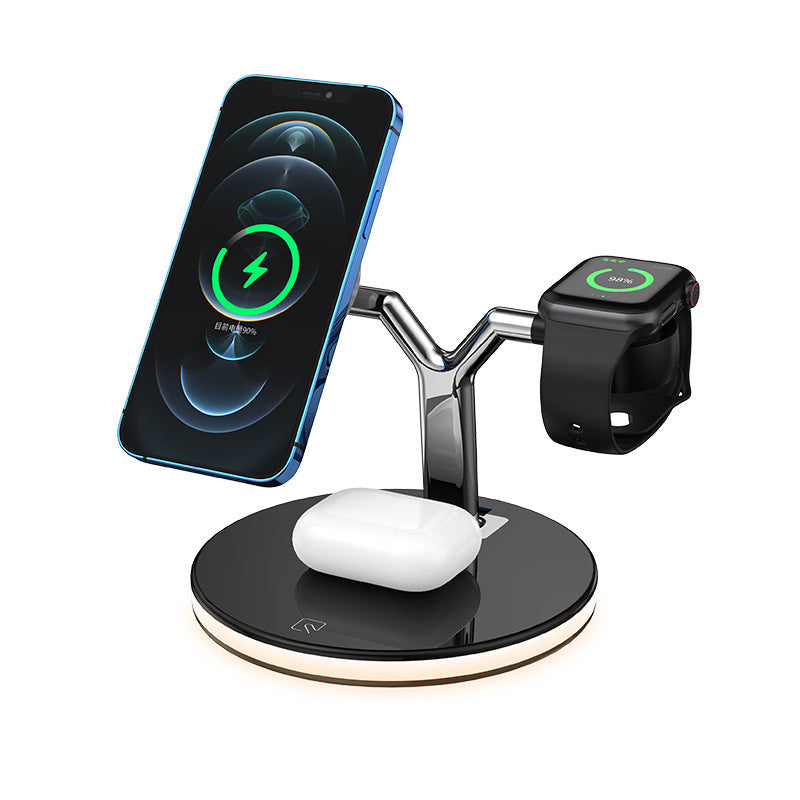 Multi-device charging stand with smartphone, smartwatch, and wireless earbuds on a white background