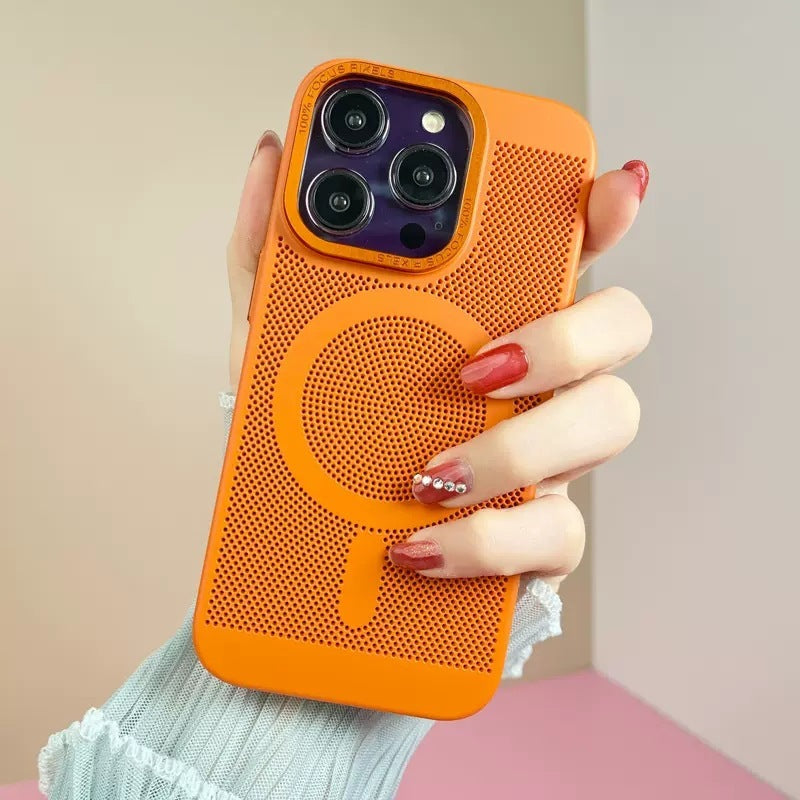 Orange phone case with a textured design held by a person against a neutral background