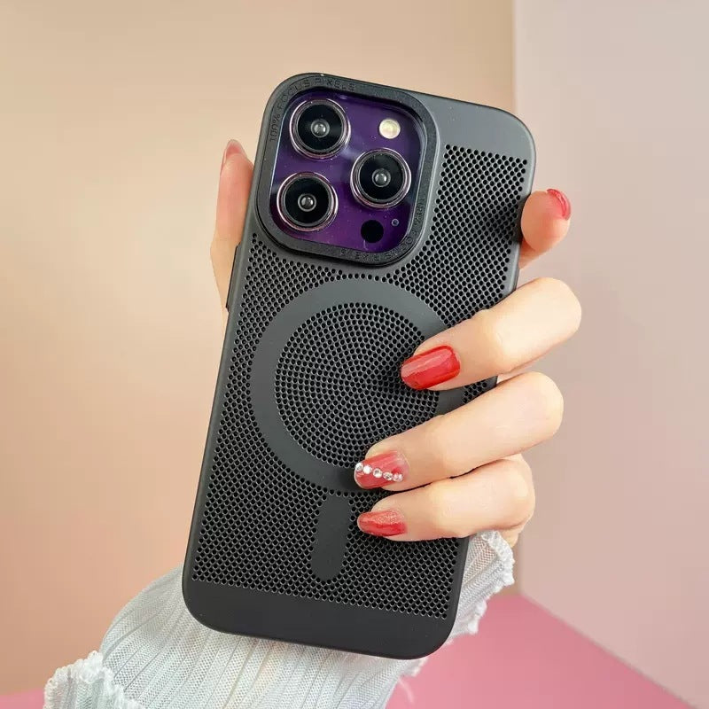 Person holding a phone with a black textured case against a beige background