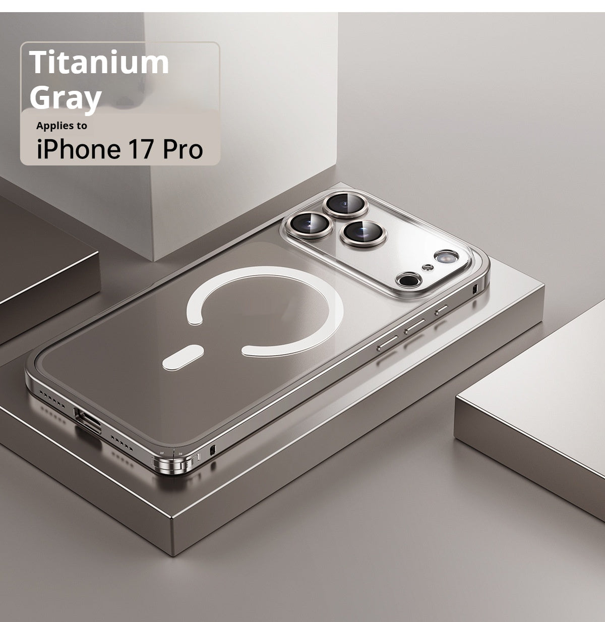 Phone case in titanium gray color for iPhone 17 Pro on a reflective surface.