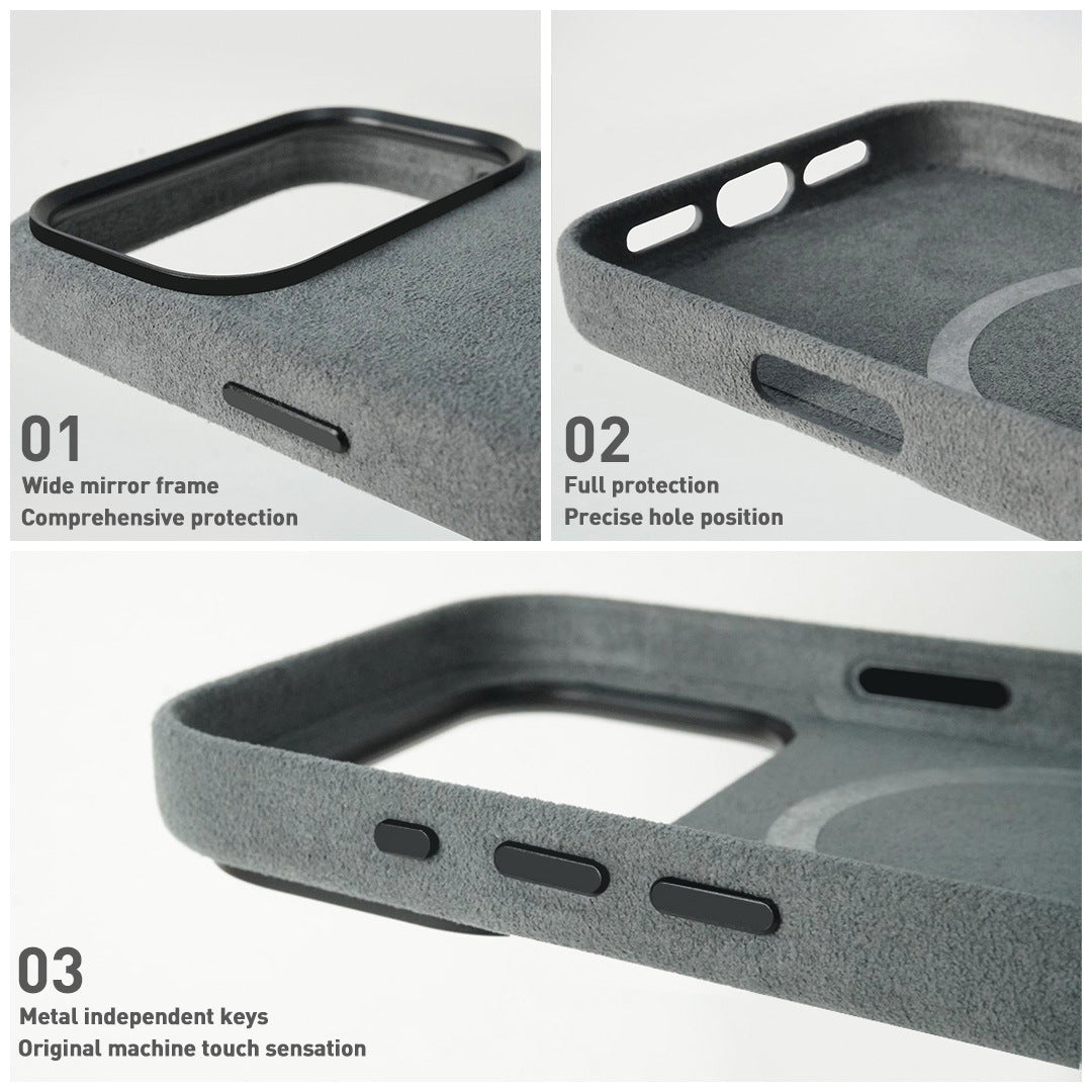 Phone case with features highlighted on a white background