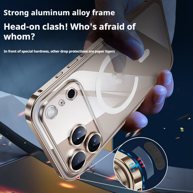 Phone case with strong aluminum alloy frame held by a hand, with text about durability.