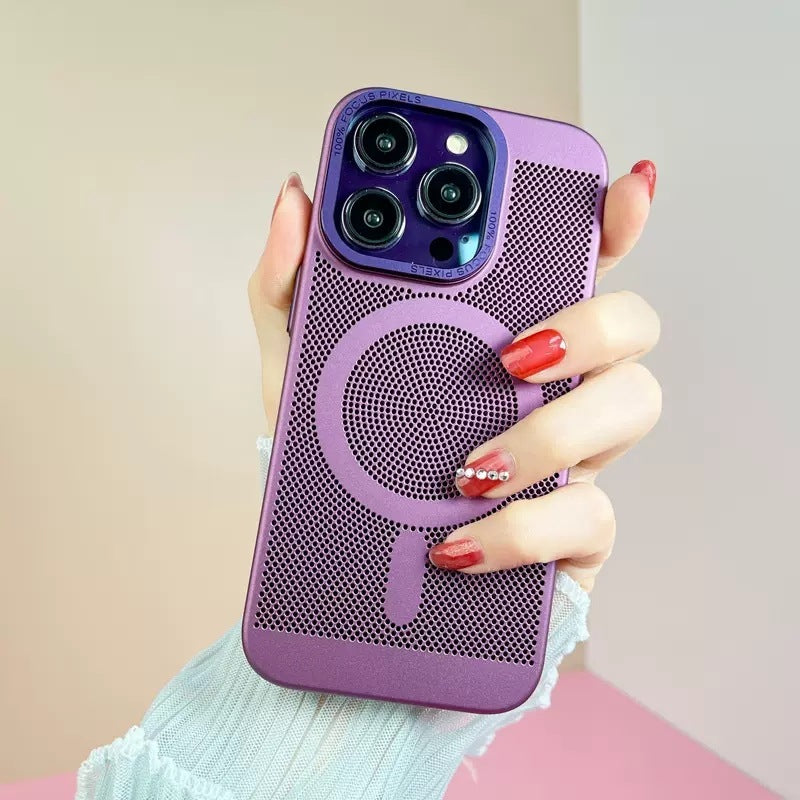 Purple phone case with a textured design held by a hand against a neutral background