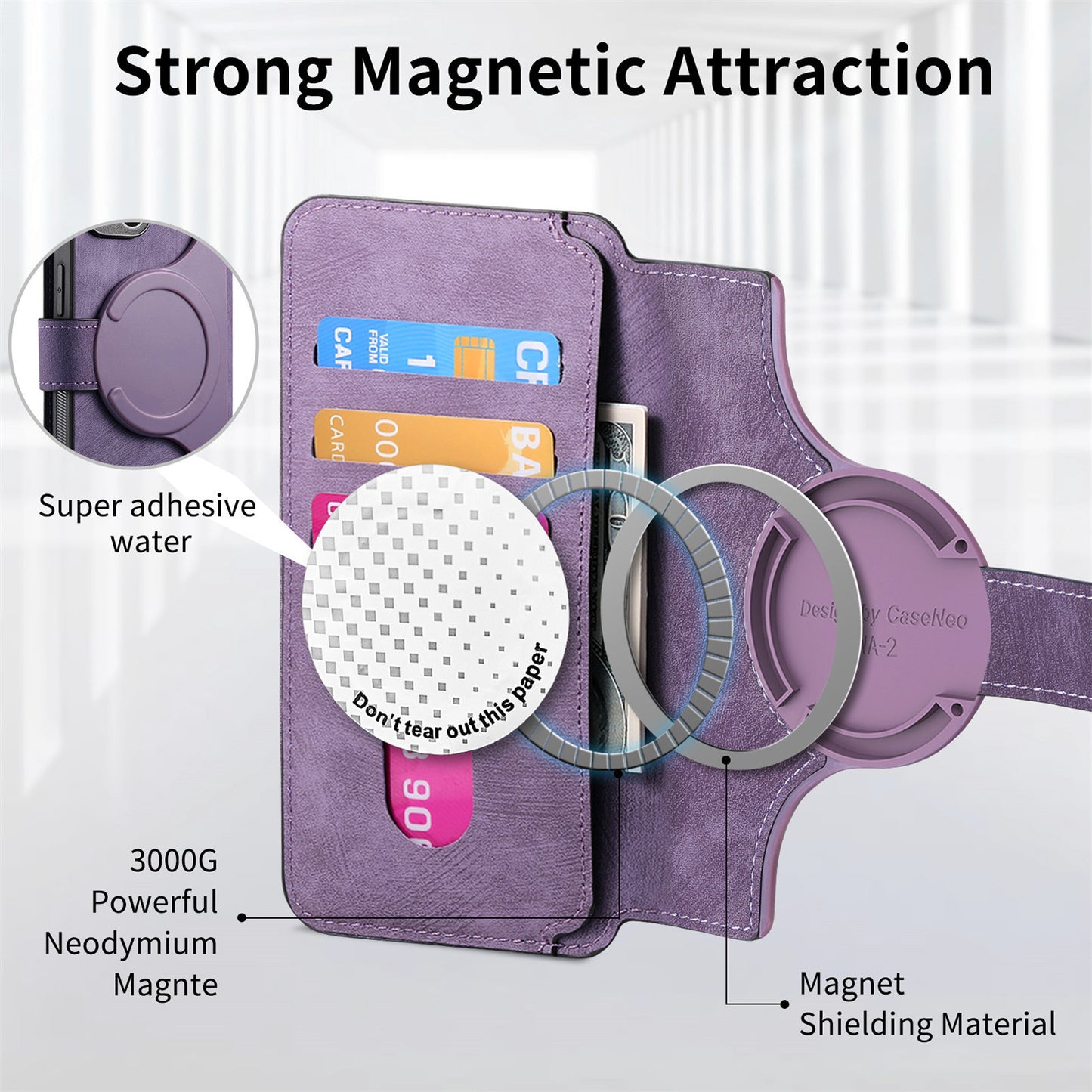 Purple phone case with magnetic features and text highlighting 'Strong Magnetic Attraction'.
