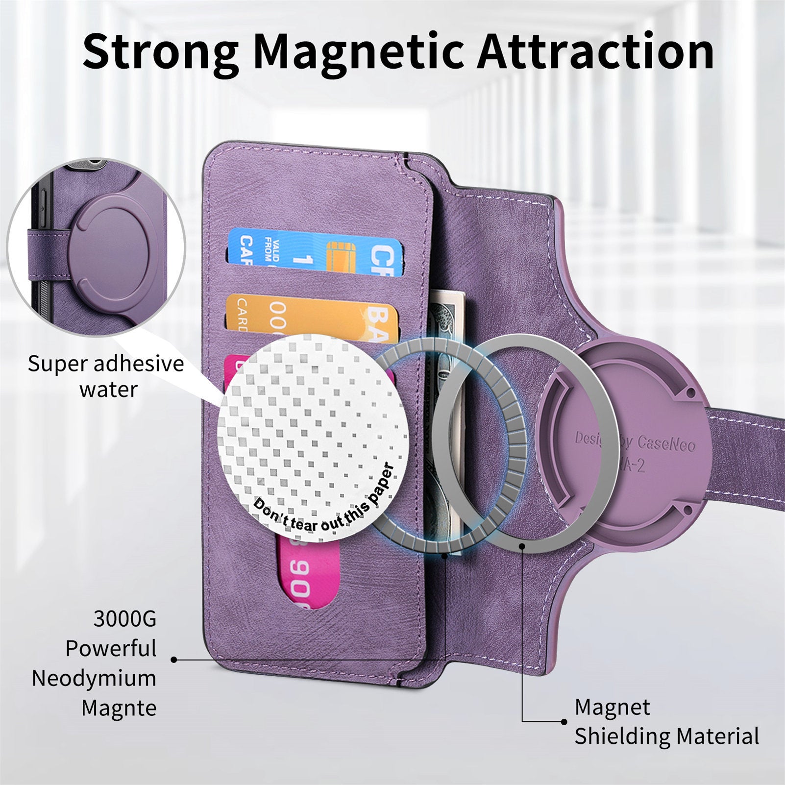 Purple phone case with magnetic features and text highlighting 'Strong Magnetic Attraction'.