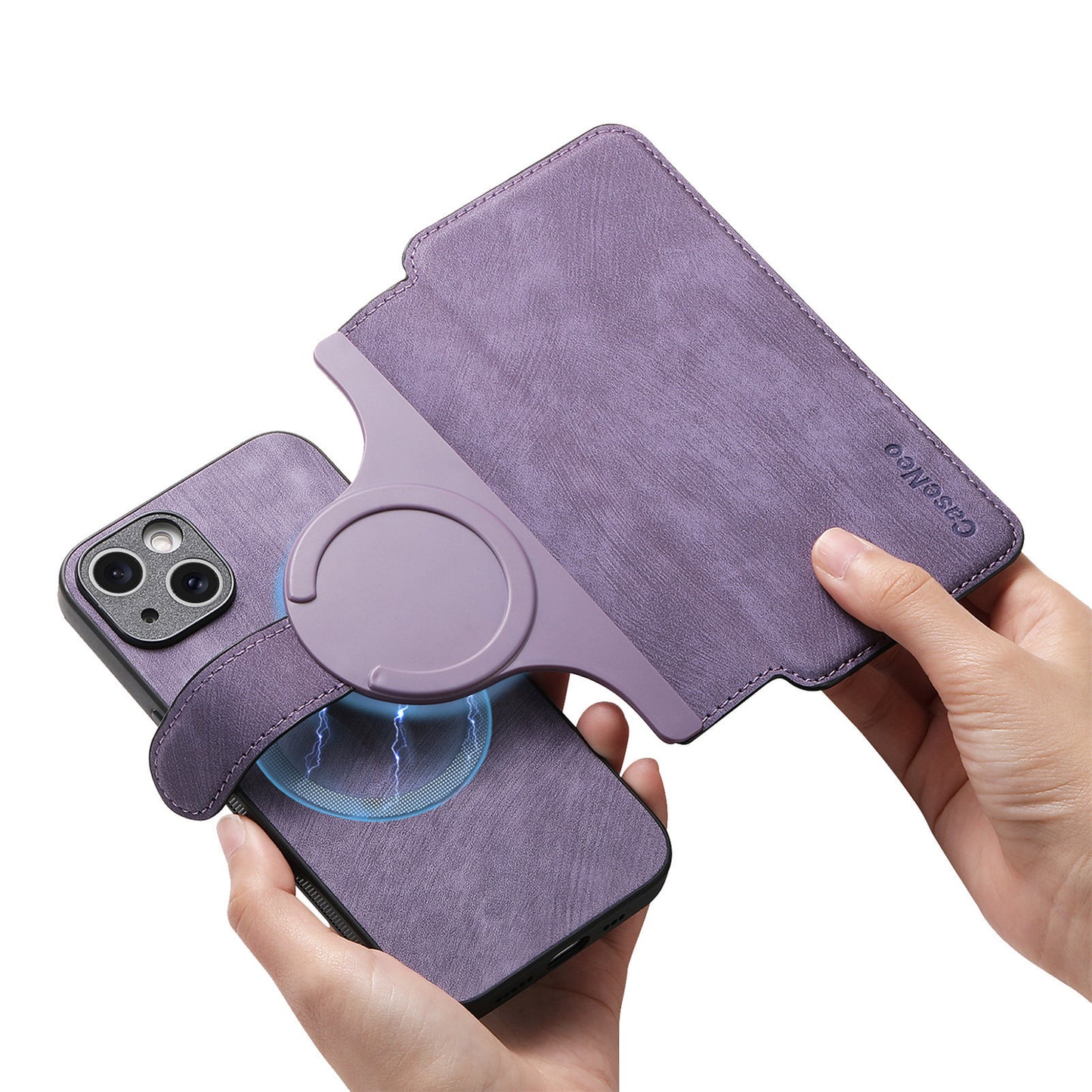 Purple phone case with stand and card holder held by a hand on a white background