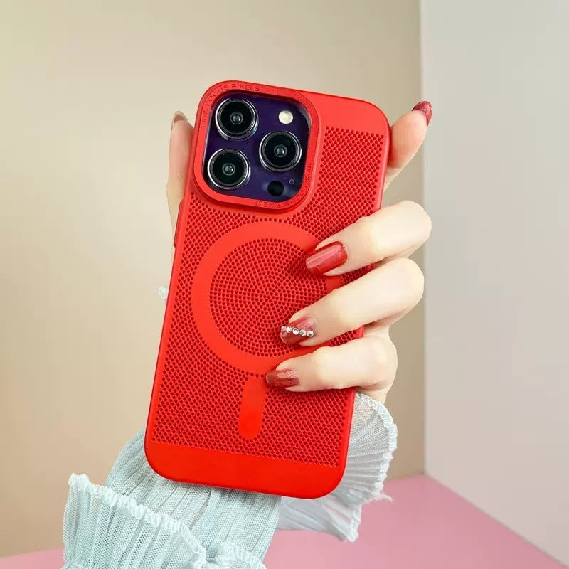 Red phone case held by a hand with red nail polish against a beige background
