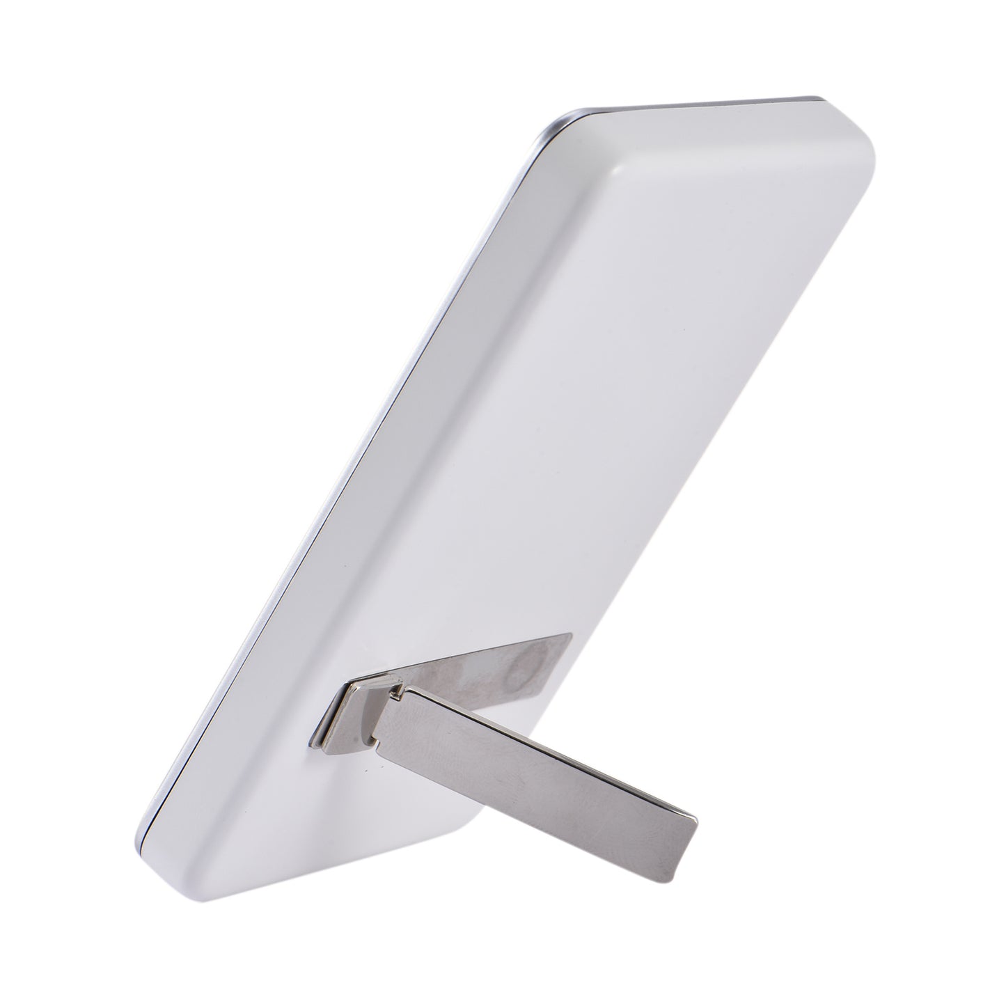 Silver electronic device with a hinge on a white background