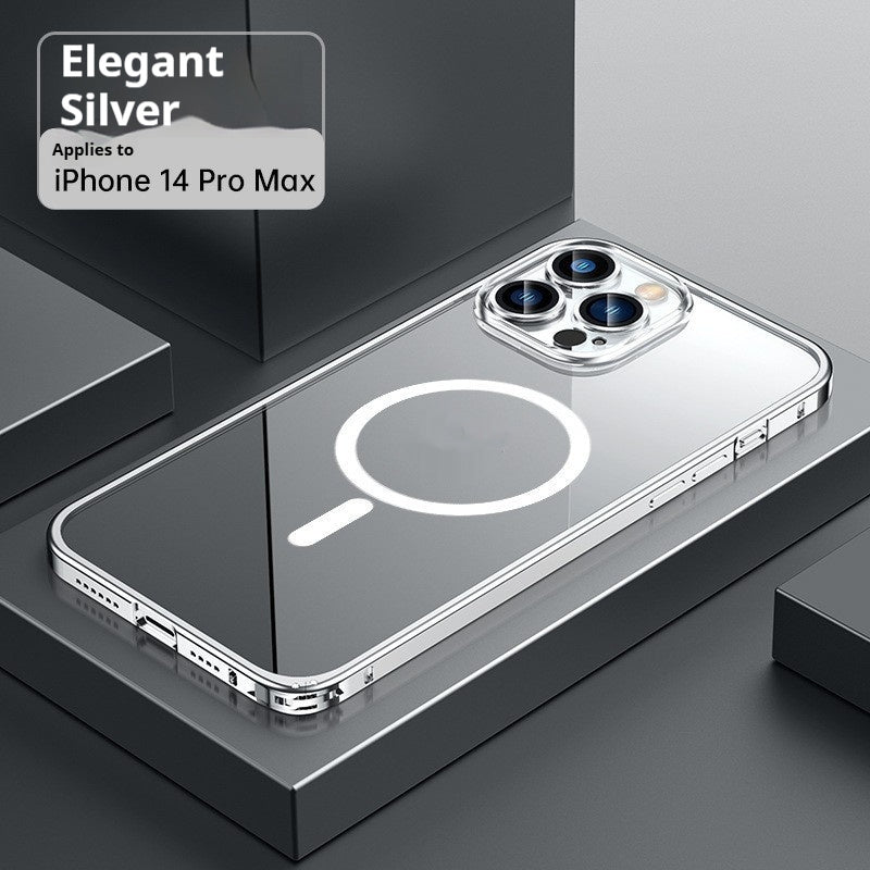 Silver phone case for iPhone 14 Pro Max on a dark surface