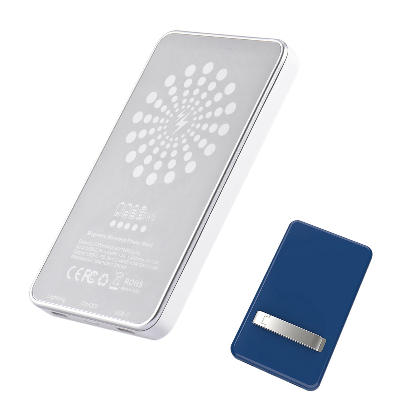 Silver power bank with a blue case on a white background