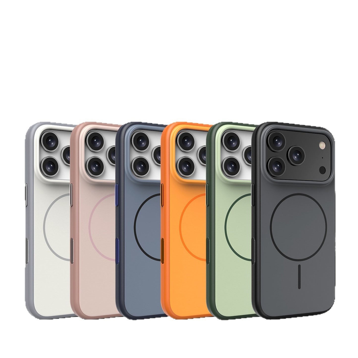 Six iPhone 17 cases in different colors on a textured surface