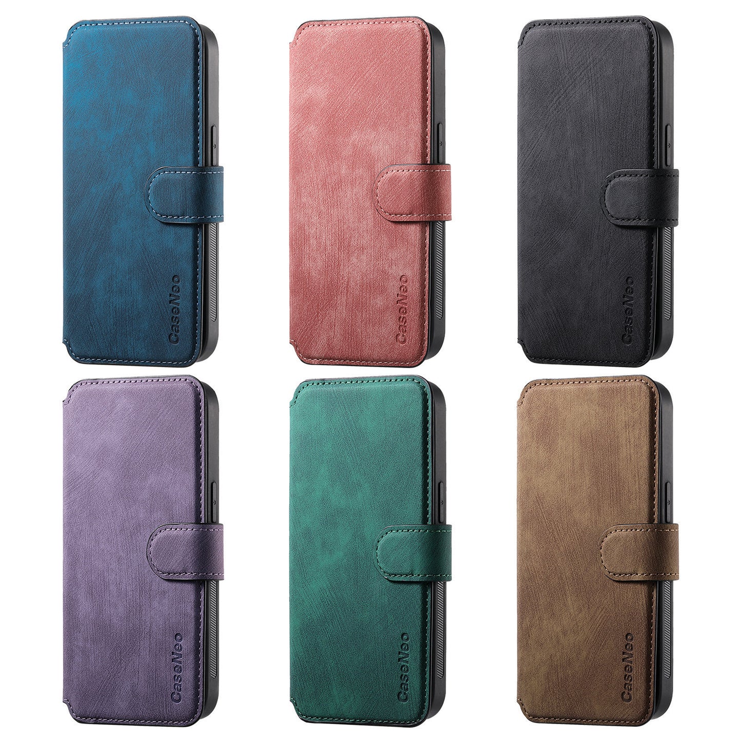 Six phone case options in different colors on a white background