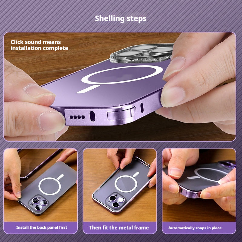 Step-by-step guide on installing a phone case with hands performing each step.