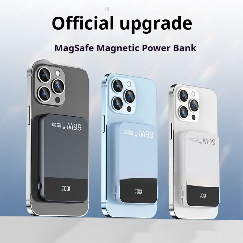 Three phone cases with 'Official upgrade MagSafe Magnetic Power Bank' text on a gradient background