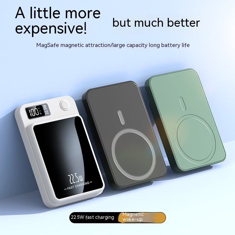 Three wireless chargers in different colors on a light blue background with text about features.